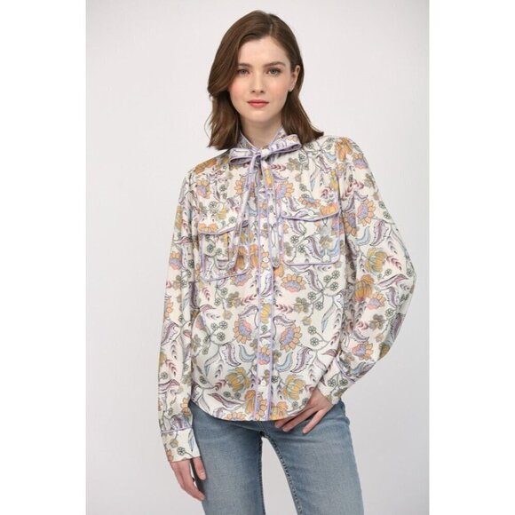 Floral Button Down Blouse with Piping Accent - Picture 5 of 14